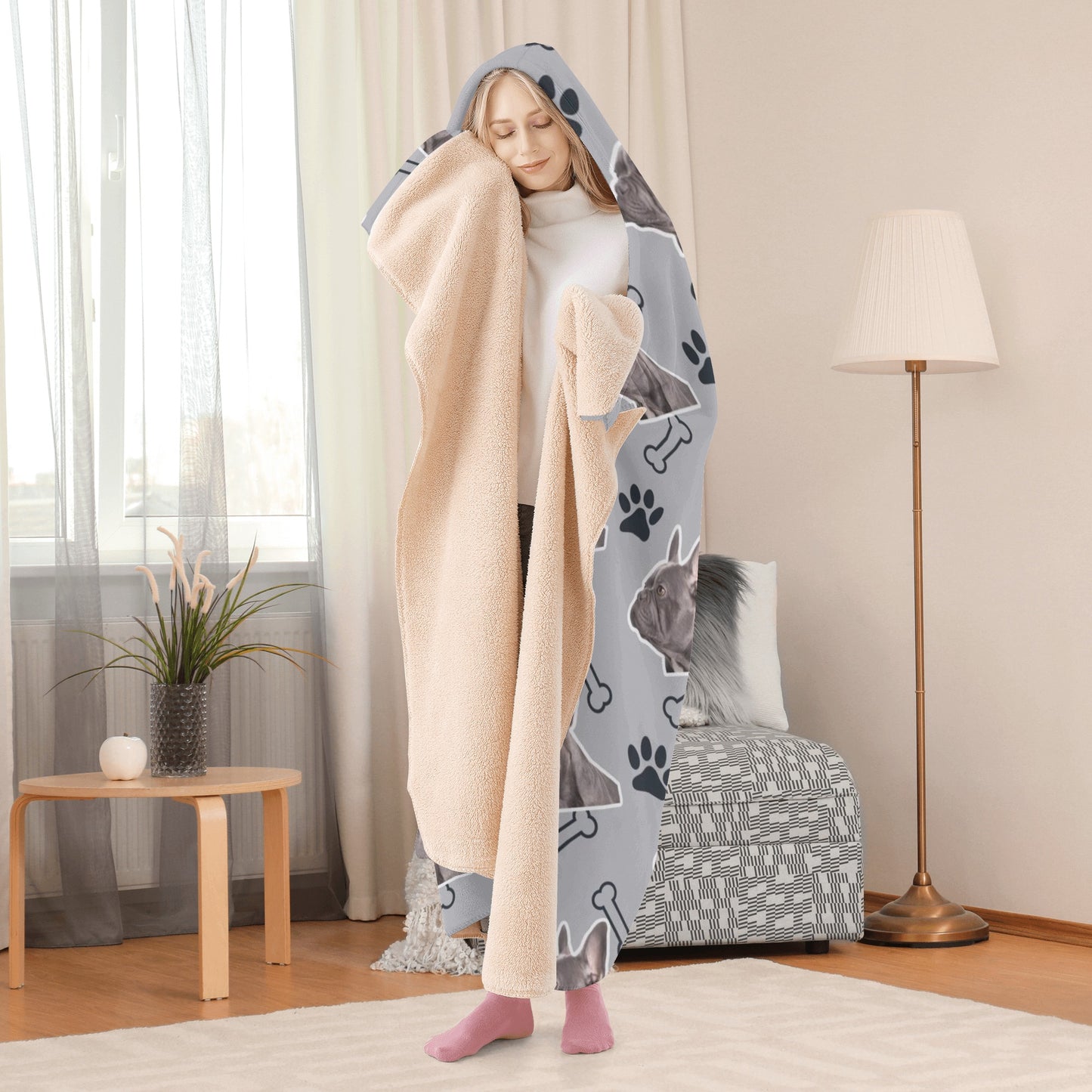 Custom Hooded Blanket with Frenchie's Image  - Hooded Blanket