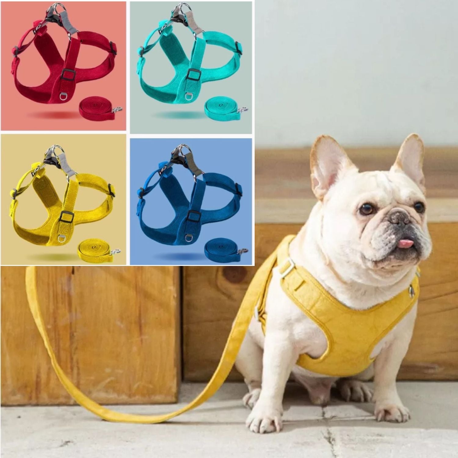 BulldoFit Luxury Suede Frenchie Harness – Breathable Vest Leash Set