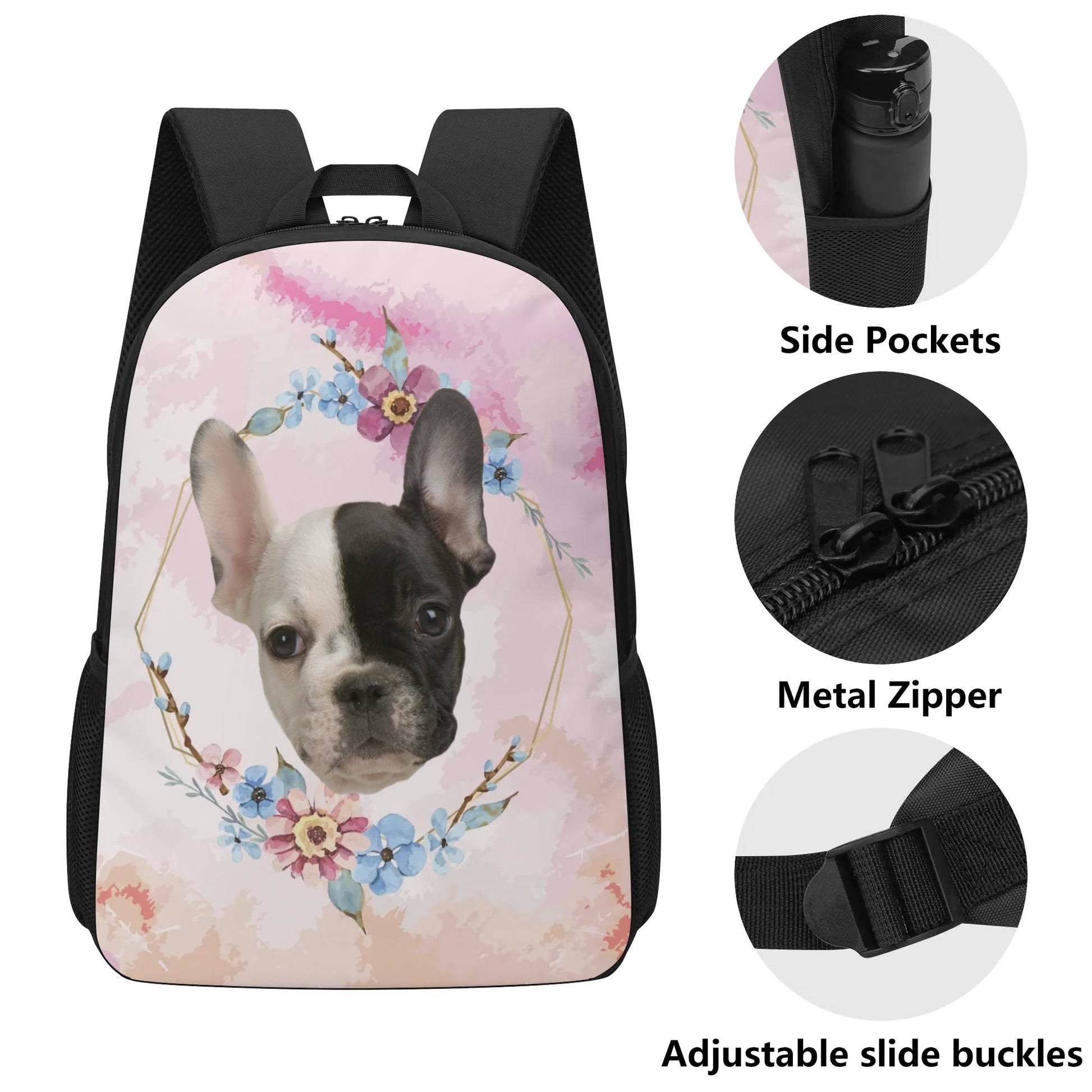 french bulldog jansport backpack Carrier for Frenchies Front utility pocket with organizer Fully padded back panel One large main compartment Side water bottle pocket Straight Custom 17 Inch School Backpack