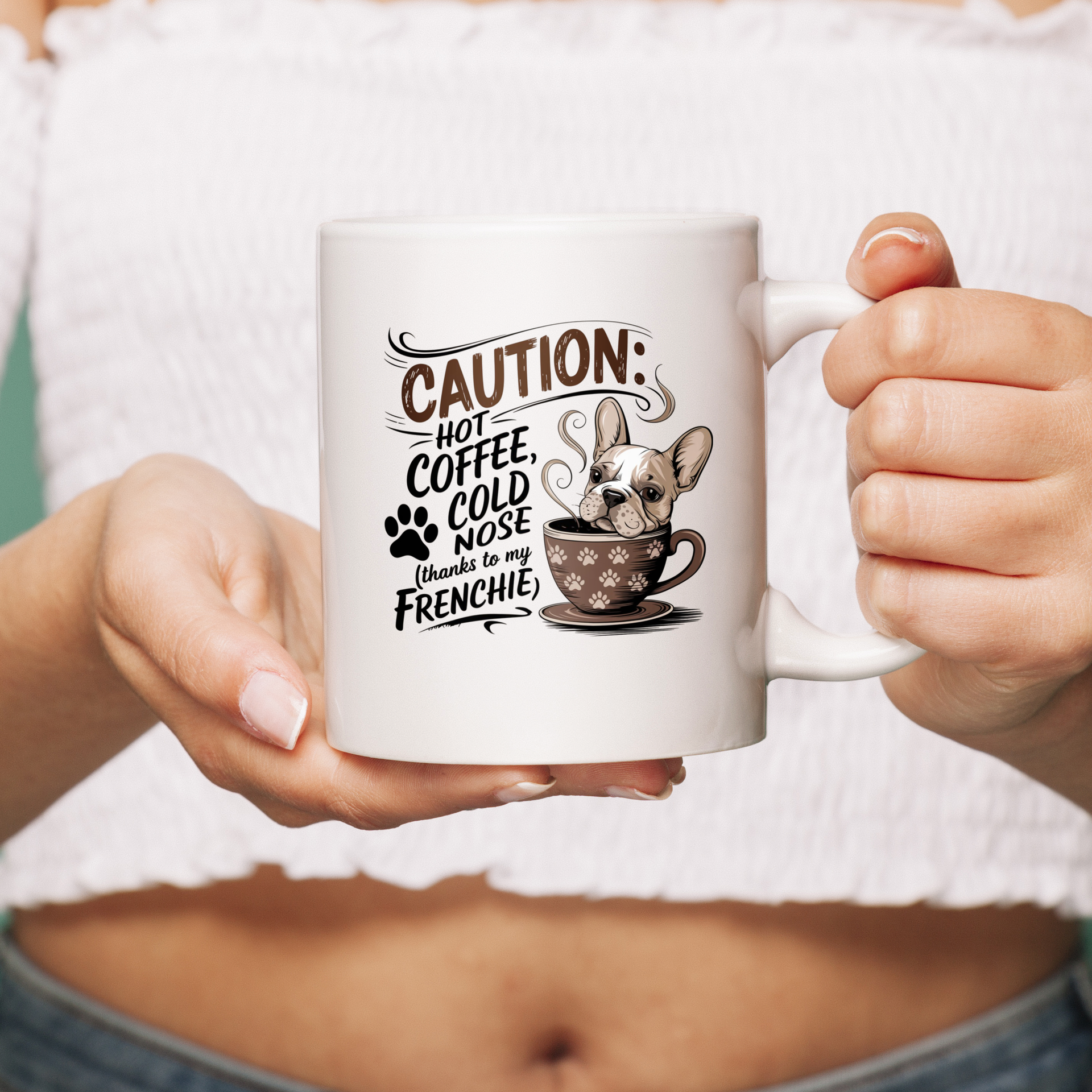 Caution: Hot Coffee” Mug – Gift for Frenchie Lovers