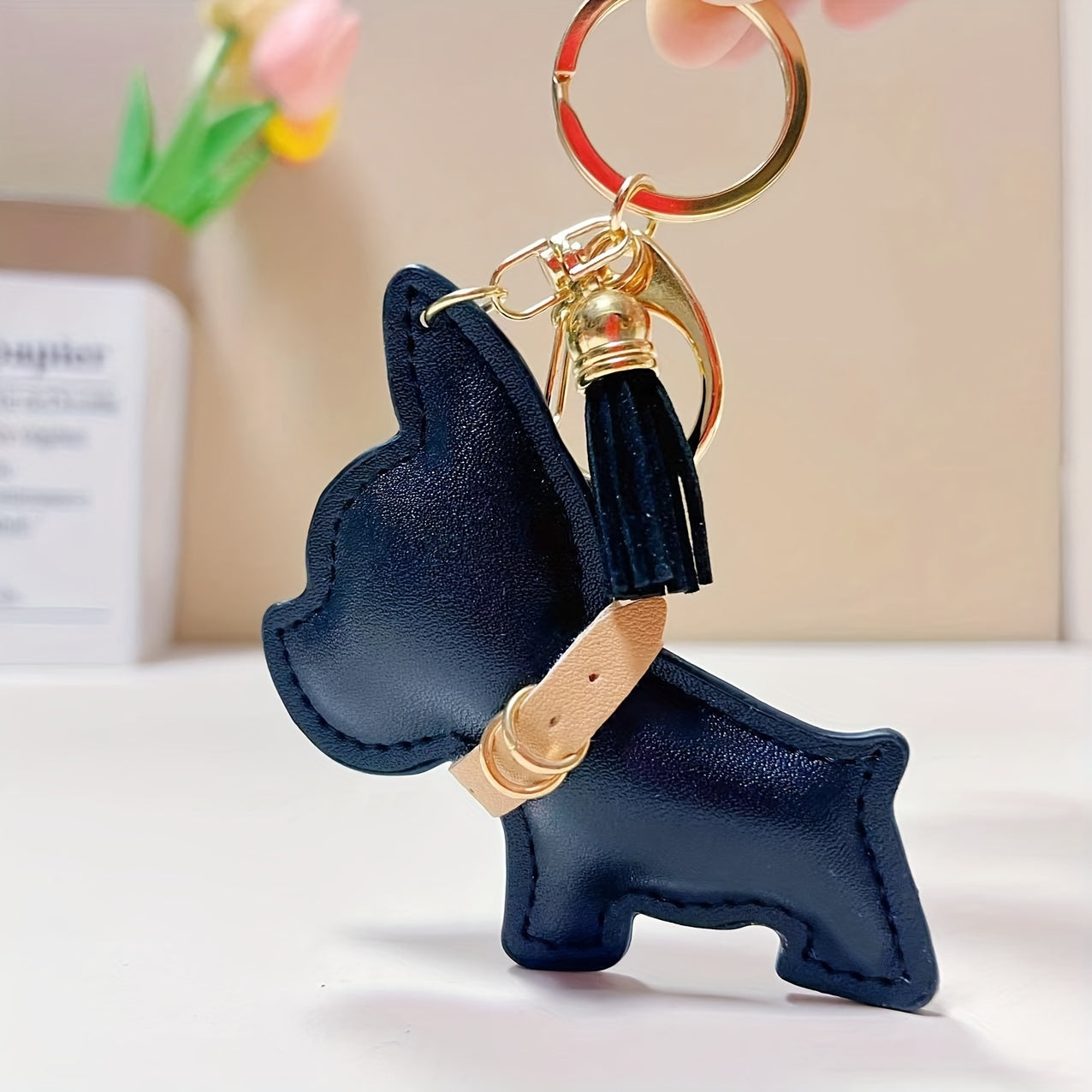 French-Bulldog-Shape-Faux-Leather-Pendant-Keychain
