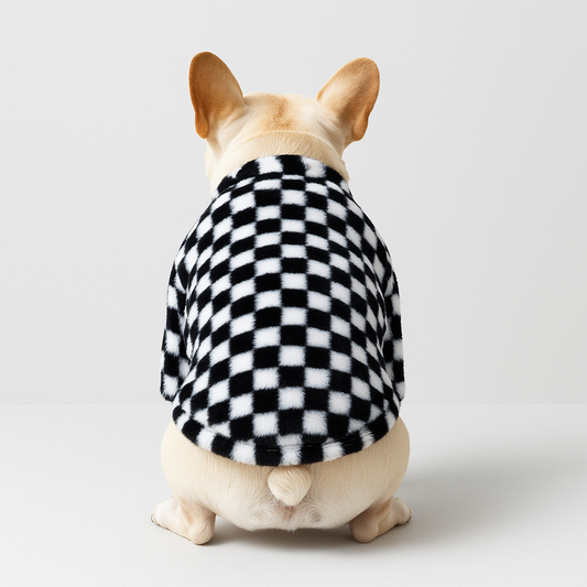 Frenchie Checkered Dog Coat – Soft Warm Winter Outfit for Small Dogs