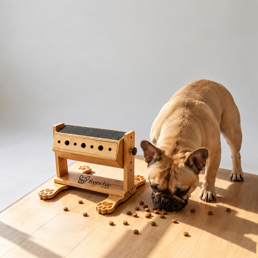 FrenchiePlay™ French Bulldog Adjustable Wooden Scratching Board & Interactive Food-Dispensing Puzzle Feeder