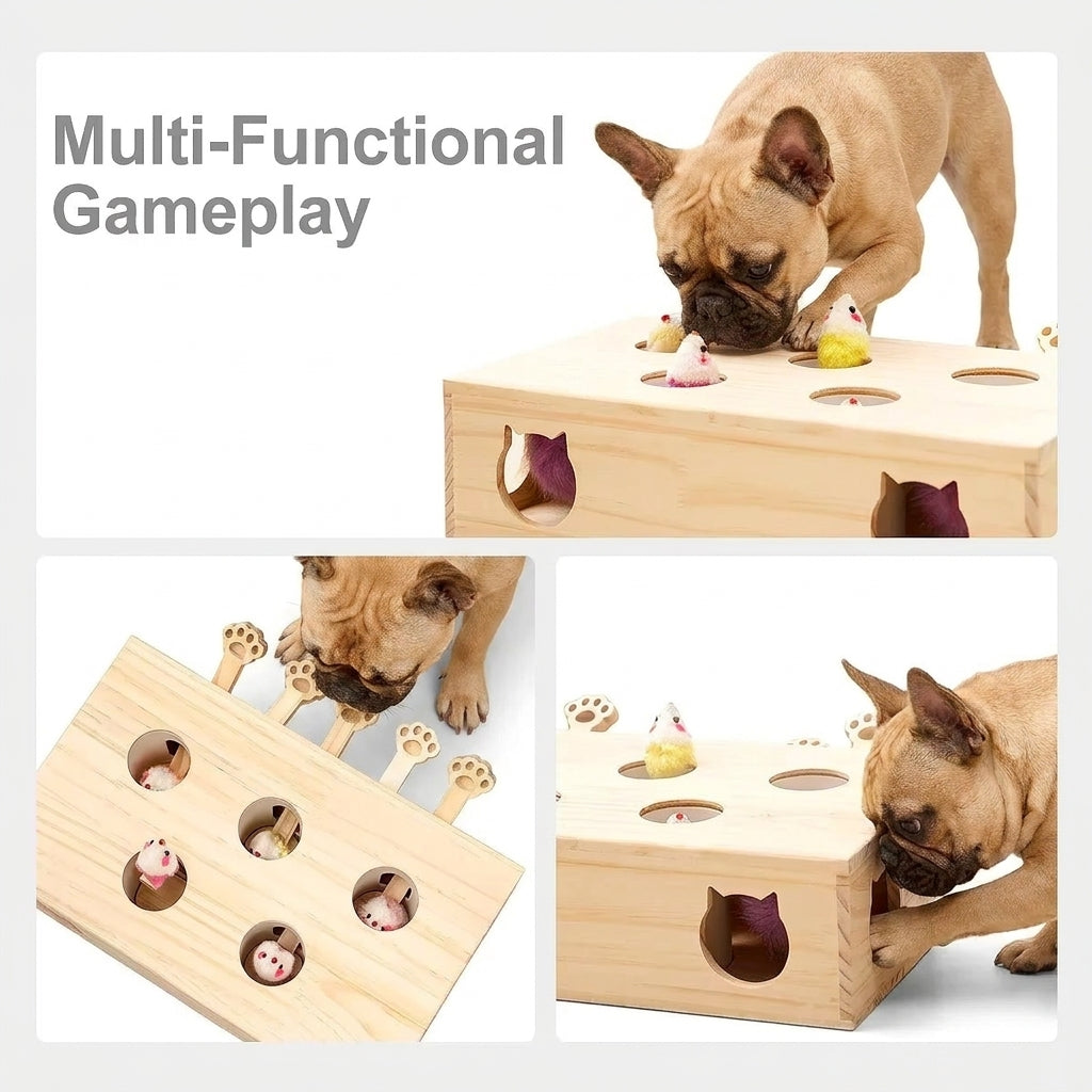 PawMole French Bulldog Wooden Puzzle Toy – Interactive Hide-and-Seek Mouse Enrichment Game
