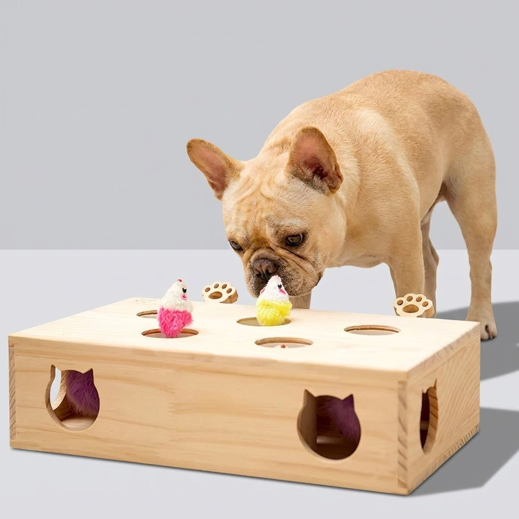 PawMole French Bulldog Wooden Puzzle Toy – Interactive Hide-and-Seek Mouse Enrichment Game
