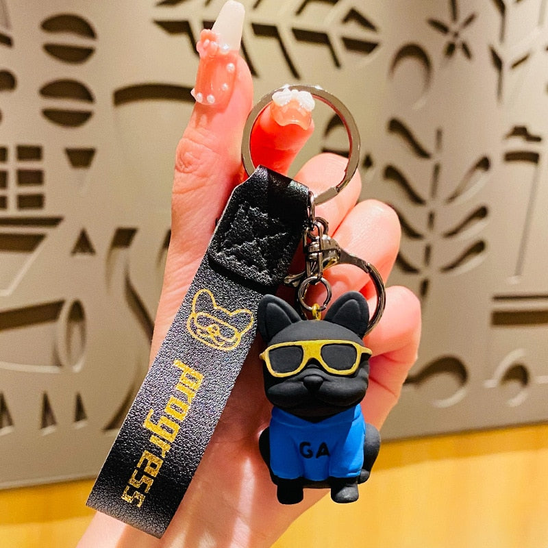 Punk French Bulldog Keychain PU Leather Cute Dog Keychains for