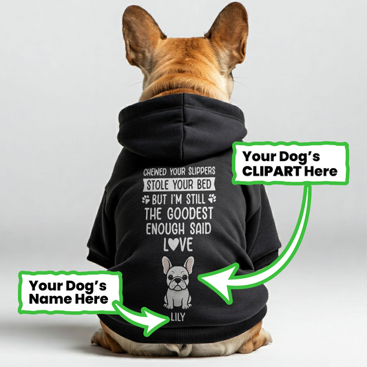 Chewed your slippers - Personalized French Bulldog hoodies with funny quotes, custom name, and custom clipart matching your Frenchie's color – Stylish, Cozy, and Premium 100% Cotton