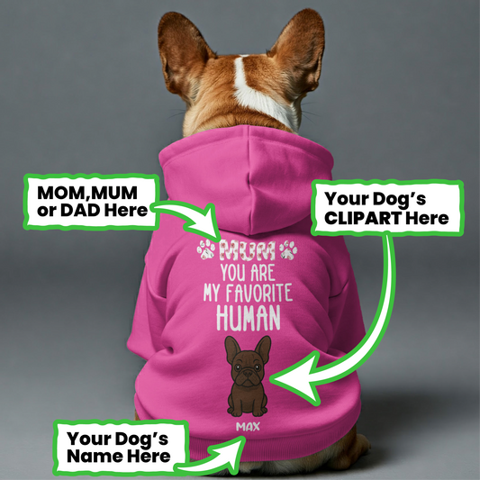 My Favorite Human - Personalized French Bulldog hoodies with funny quotes, custom name, 'MOM', 'MUM ' or 'DAD'  text, and custom clipart matching your Frenchie's color – Stylish, Cozy, and Premium 100% Cotton