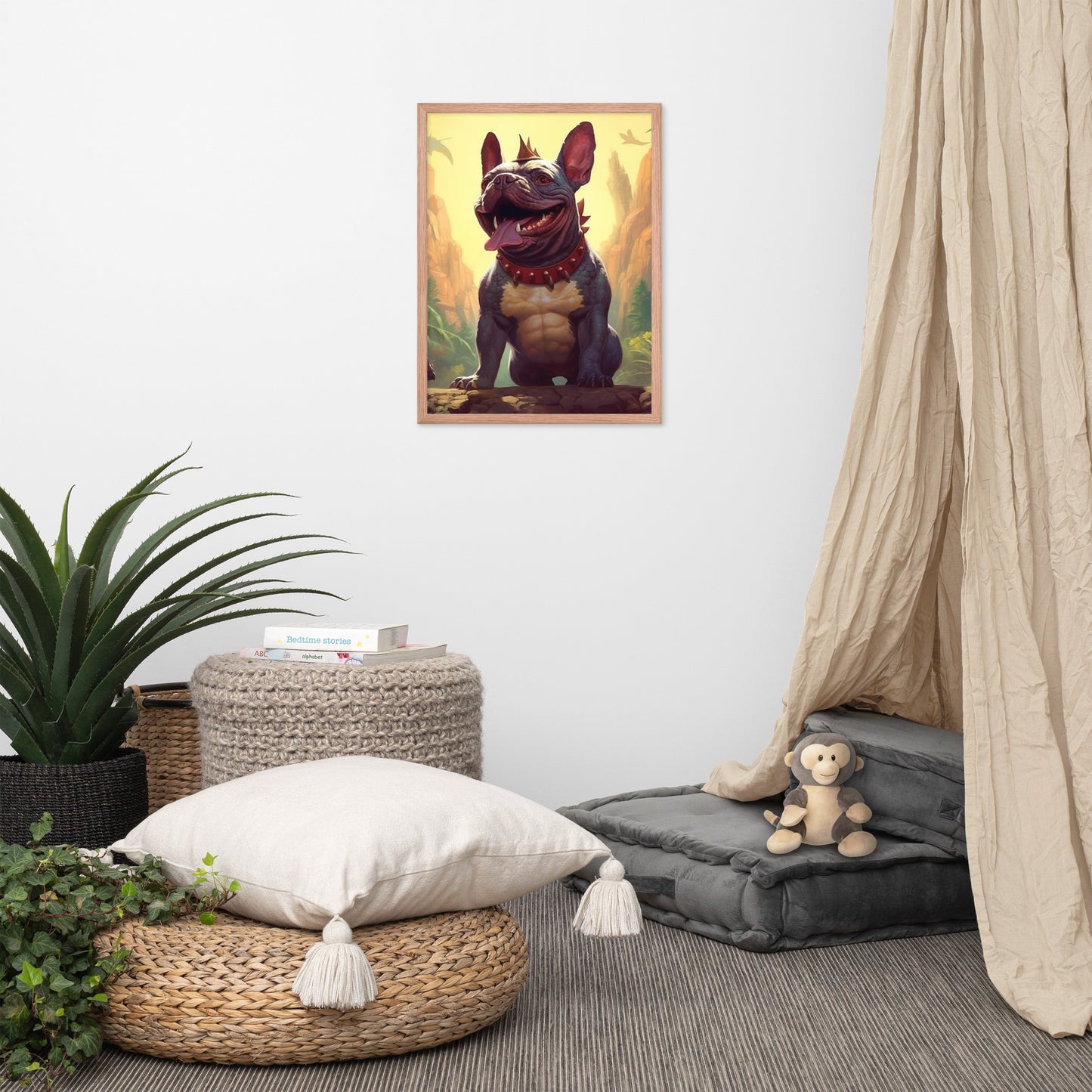 Dinosaur Frenchie Framed Poster - A Roaringly Cute and Artistic Choice for Pet Lovers and Dinosaur Enthusiasts
