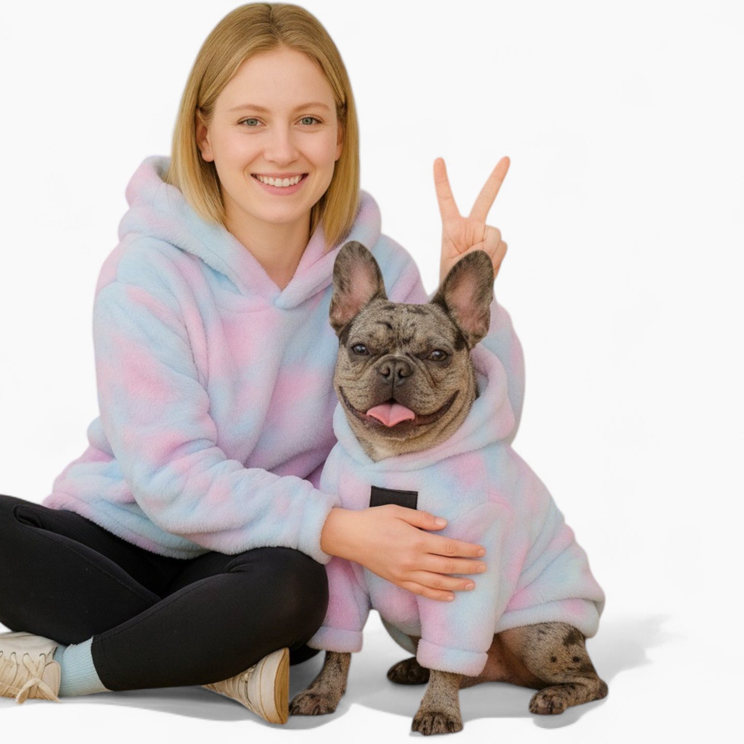 Furora Frenchie Human Matching Hoodie – Rainbow Tie-Dye Plush Sweatshirt for Dog and Owner