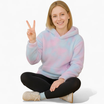 Furora Frenchie Human Matching Hoodie – Rainbow Tie-Dye Plush Sweatshirt for Dog and Owner