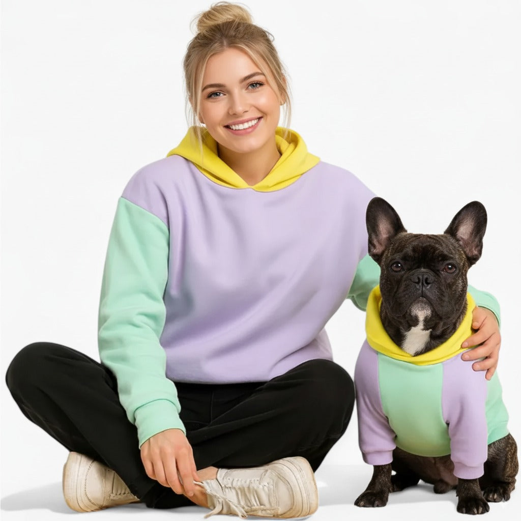 Tailvent Frenchie Human Matching Hoodie – Pastel Colorblock Sweatshirt for Dog and Owner