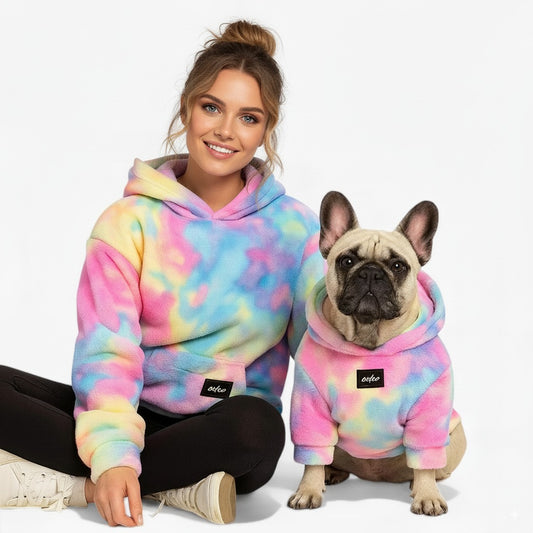 Zestara Frenchie Human Matching Hoodie –  Plush Fleece Rainbow Tie-Dye Sweatshirt for Dog and Owner