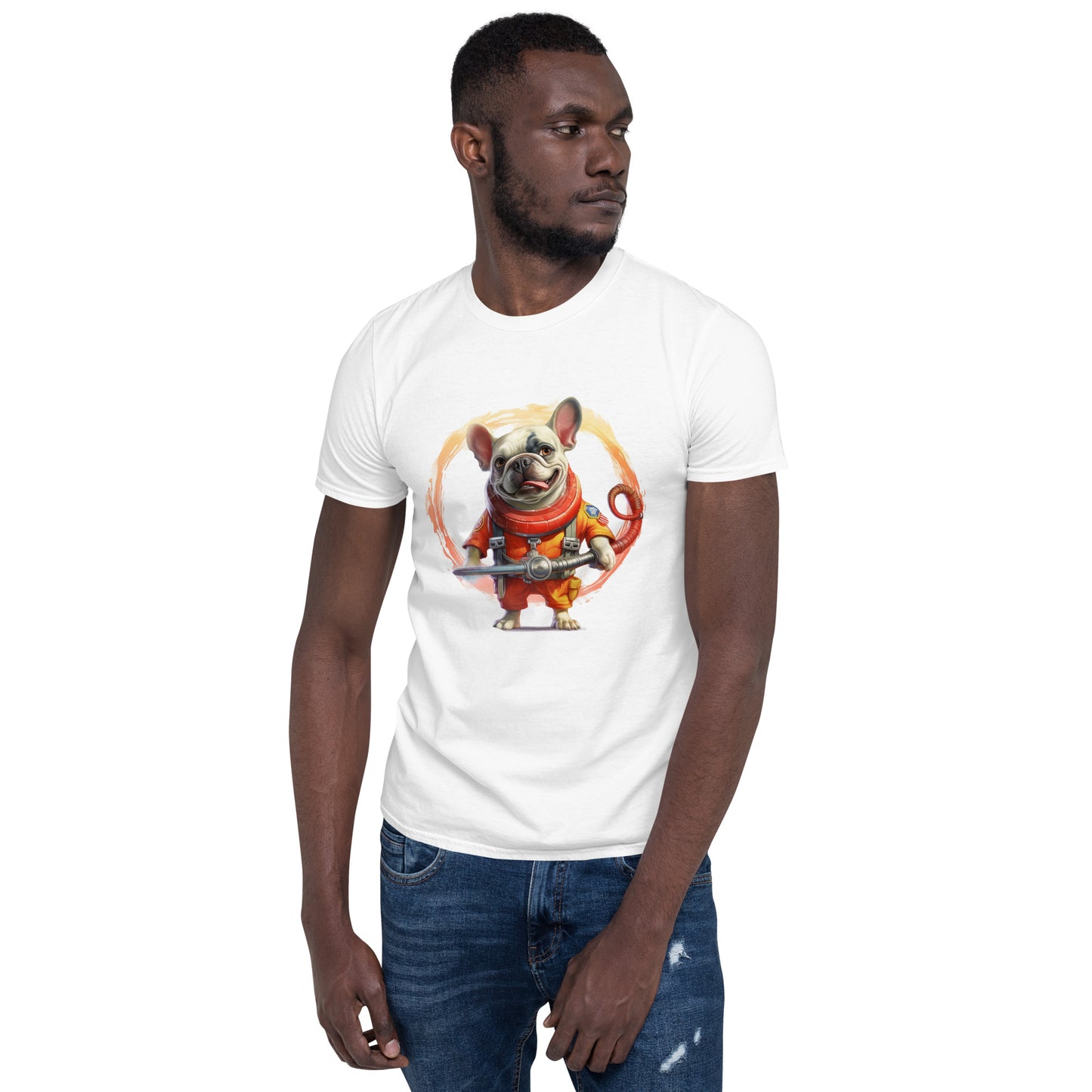 Firefighter Frenchie T-Shirt - Bridging Brave Service with Canine Charm