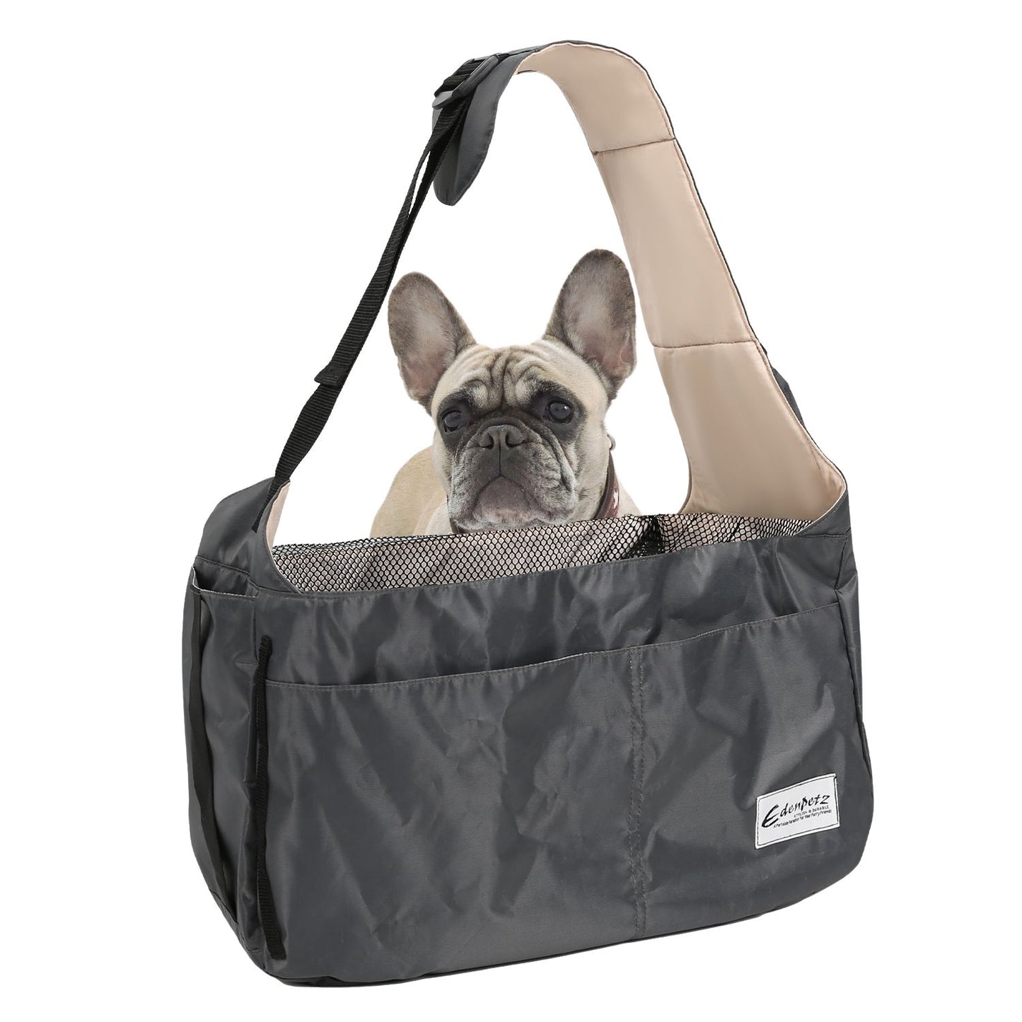 www.frenchie.shop-Premium-Frenchie-Carrier-Bag-Comfortable-Travel-Shoulder-Bag-for-French-Bulldogs-gray