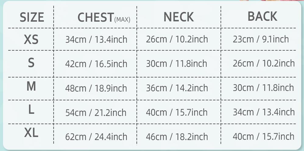Cold weather jacket sizechart