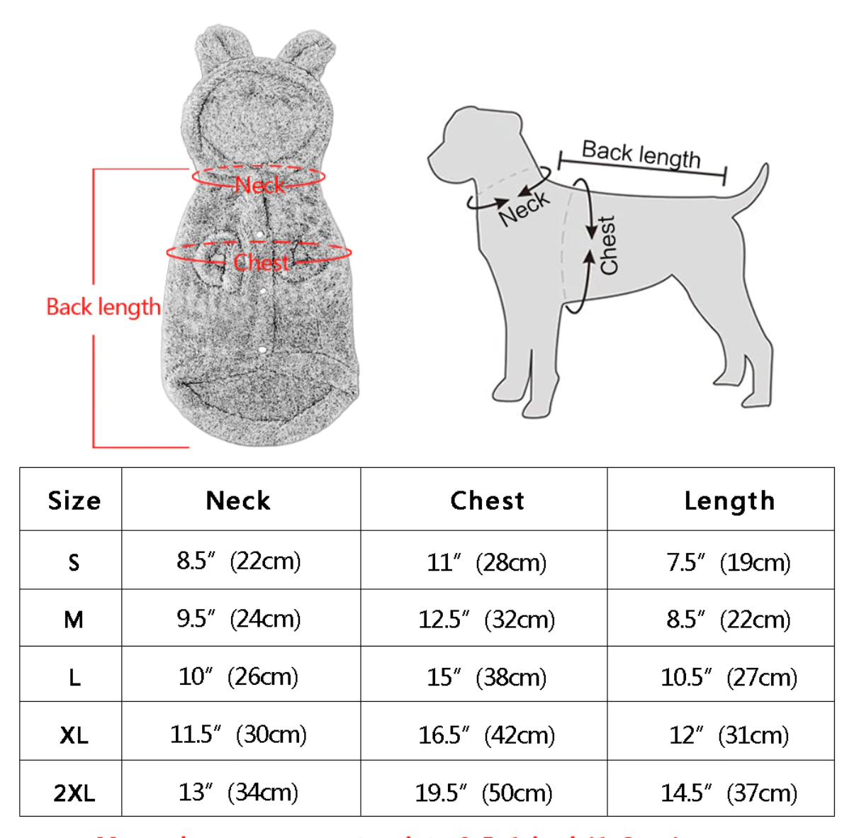 Frenchie bear fleece hoodie size table