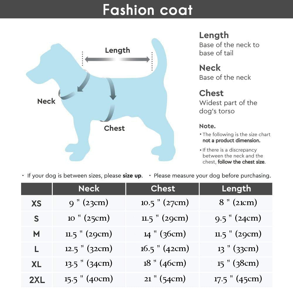 Waterproof Winter Coat for French bulldog size table